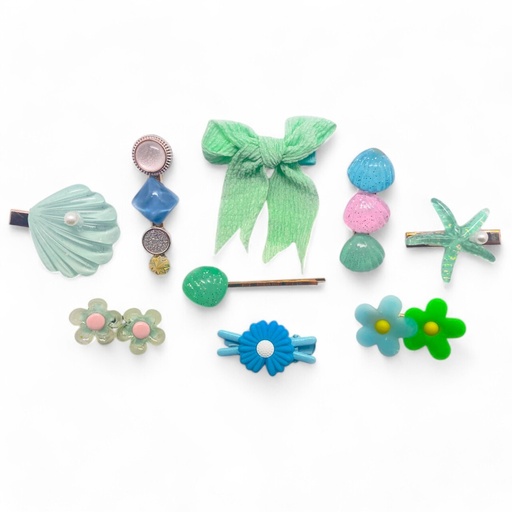 [9340457027597] Kids Hair Clips Green Shells (9 pcs)